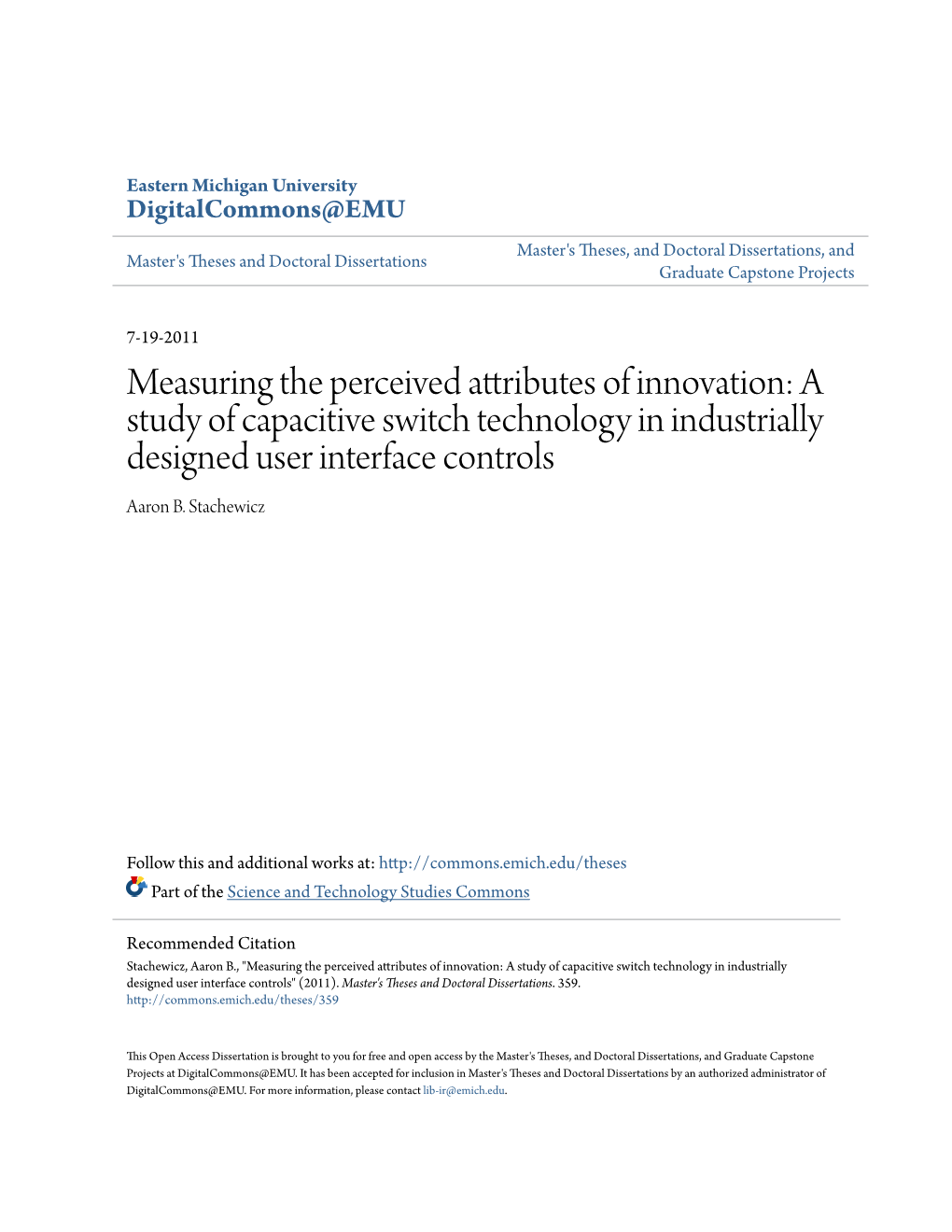 Measuring the Perceived Attributes of Innovation: a Study of Capacitive Switch Technology in Industrially Designed User Interface Controls Aaron B