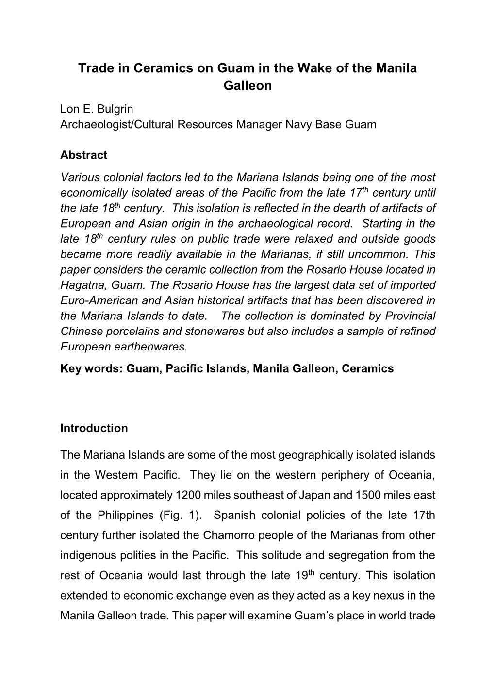 Trade in Ceramics on Guam in the Wake of the Manila Galleon Lon E