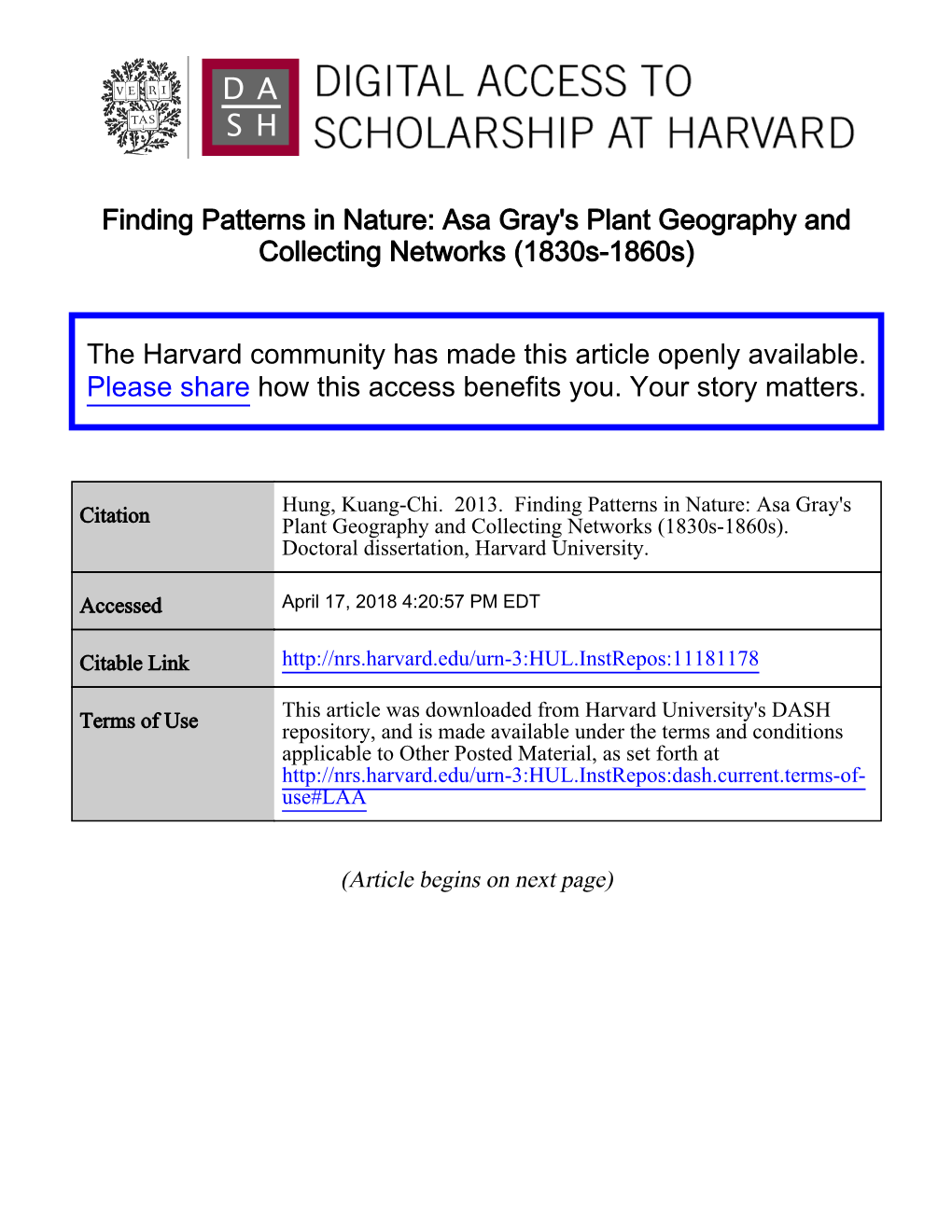 Asa Gray's Plant Geography and Collecting Networks (1830S-1860S)