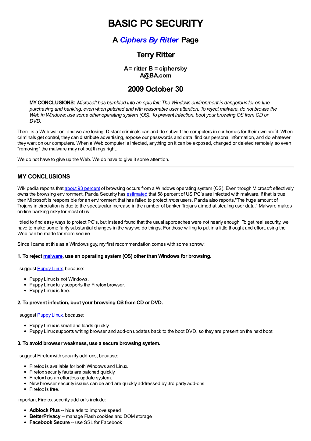 BASIC PC SECURITY a Ciphers by Ritter Page Terry Ritter a = Ritter B = Ciphersby A@BA.Com 2009 October 30