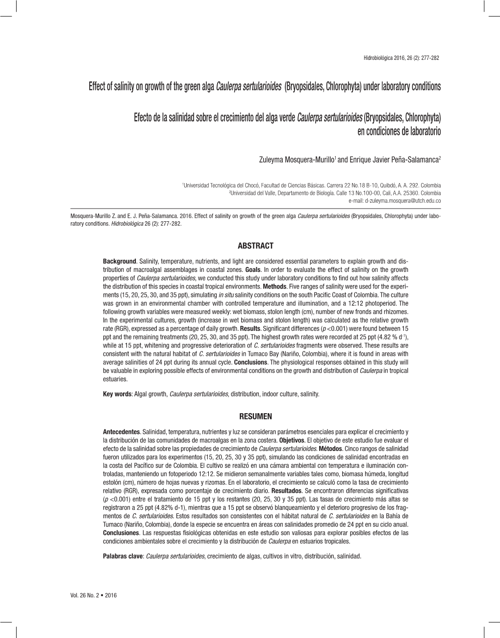 Effect of Salinity on Growth of the Green Alga Caulerpa Sertularioides (Bryopsidales, Chlorophyta) Under Laboratory Conditions E