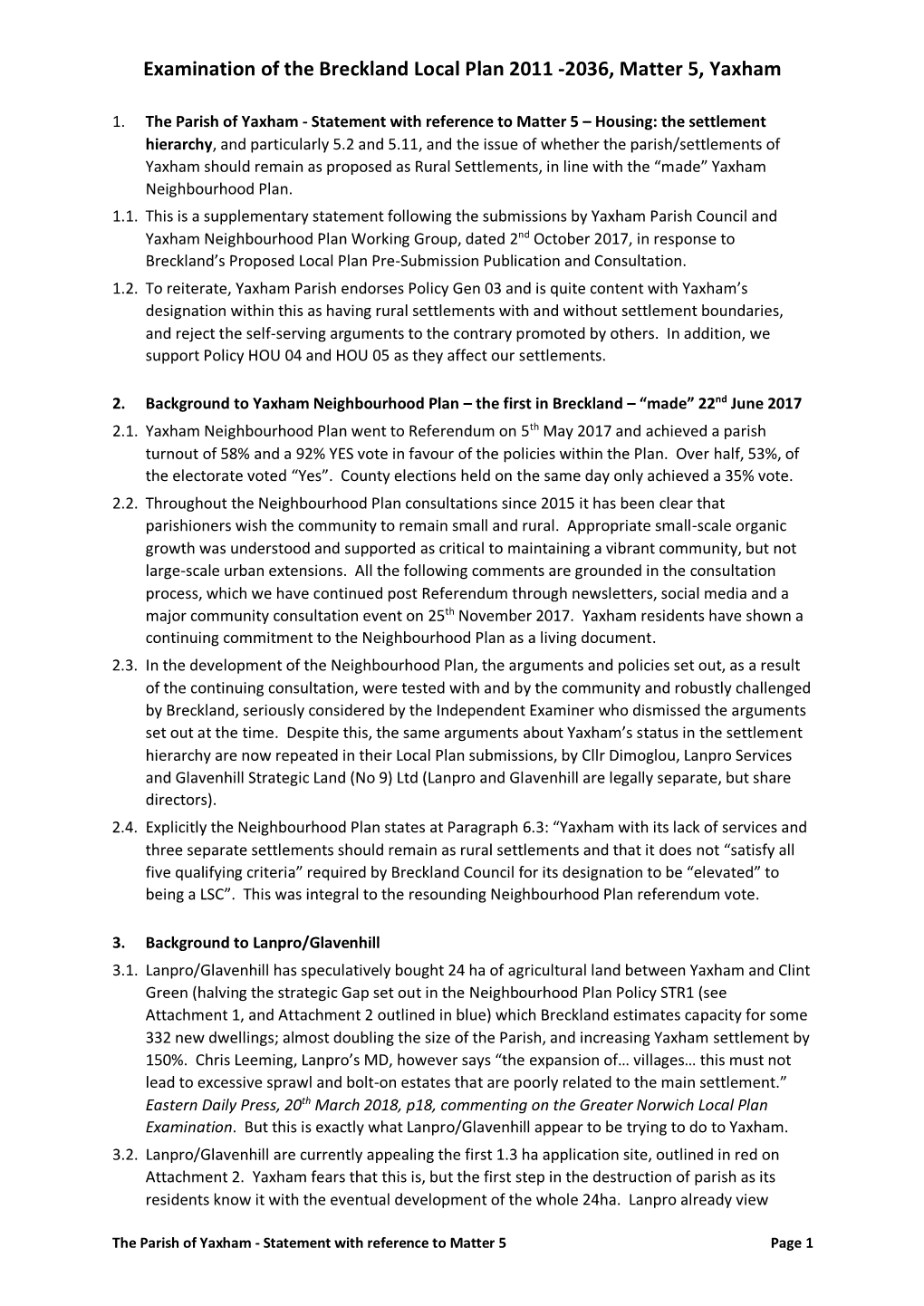 Examination of the Breckland Local Plan 2011 -2036, Matter 5, Yaxham