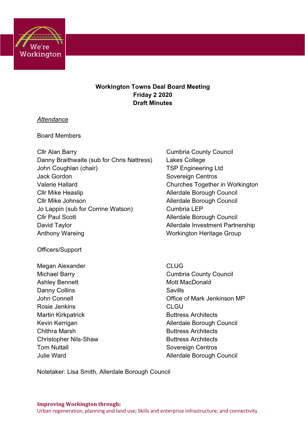 Workington Towns Deal Board Meeting Friday 2 2020 Draft Minutes