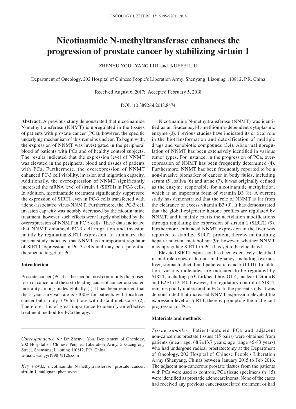 Nicotinamide N‑Methyltransferase Enhances the Progression of Prostate Cancer by Stabilizing Sirtuin 1