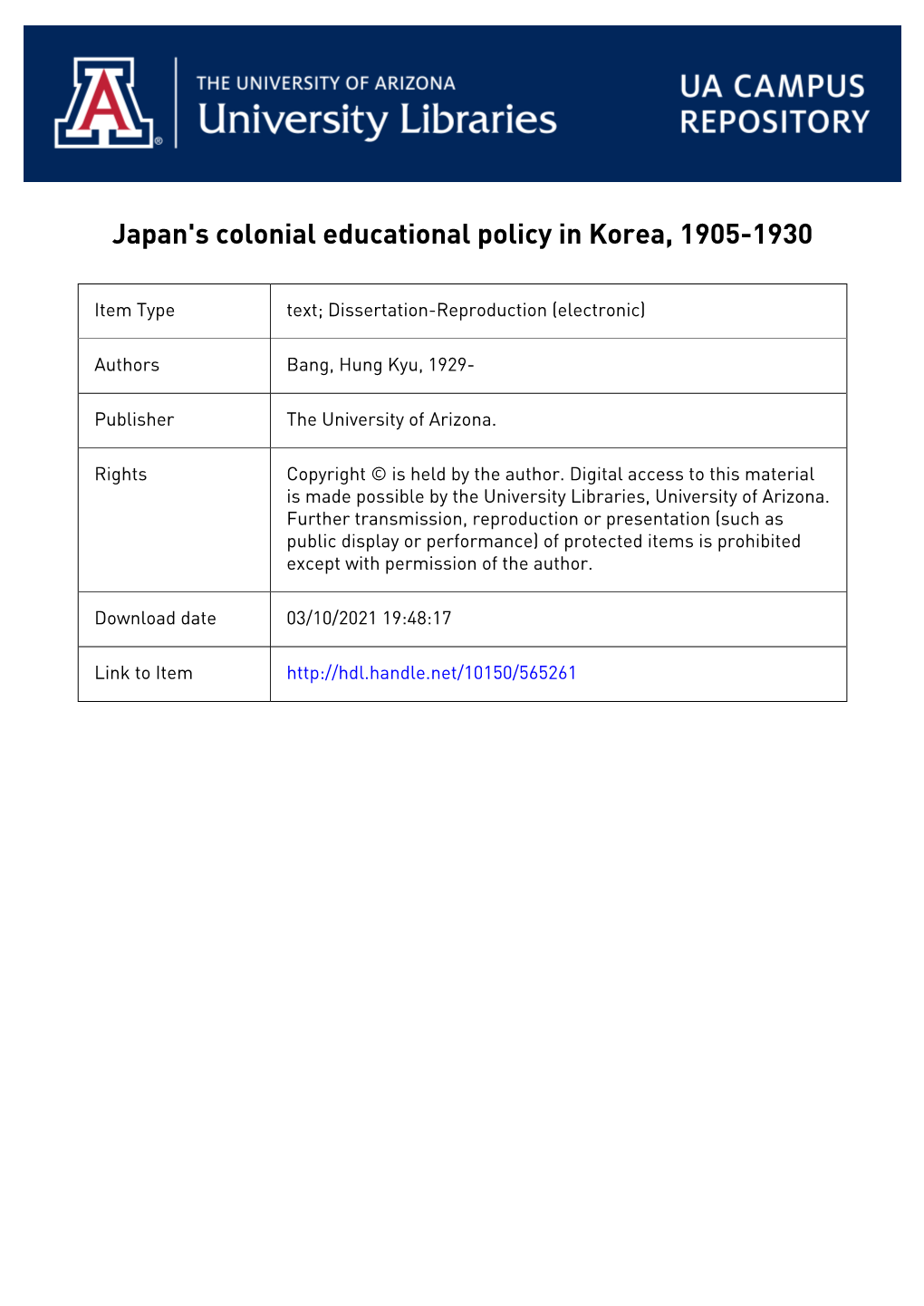 JAPAN's COLONIAL EDUCATIONAL POLICY in KOREA by Hung Kyu