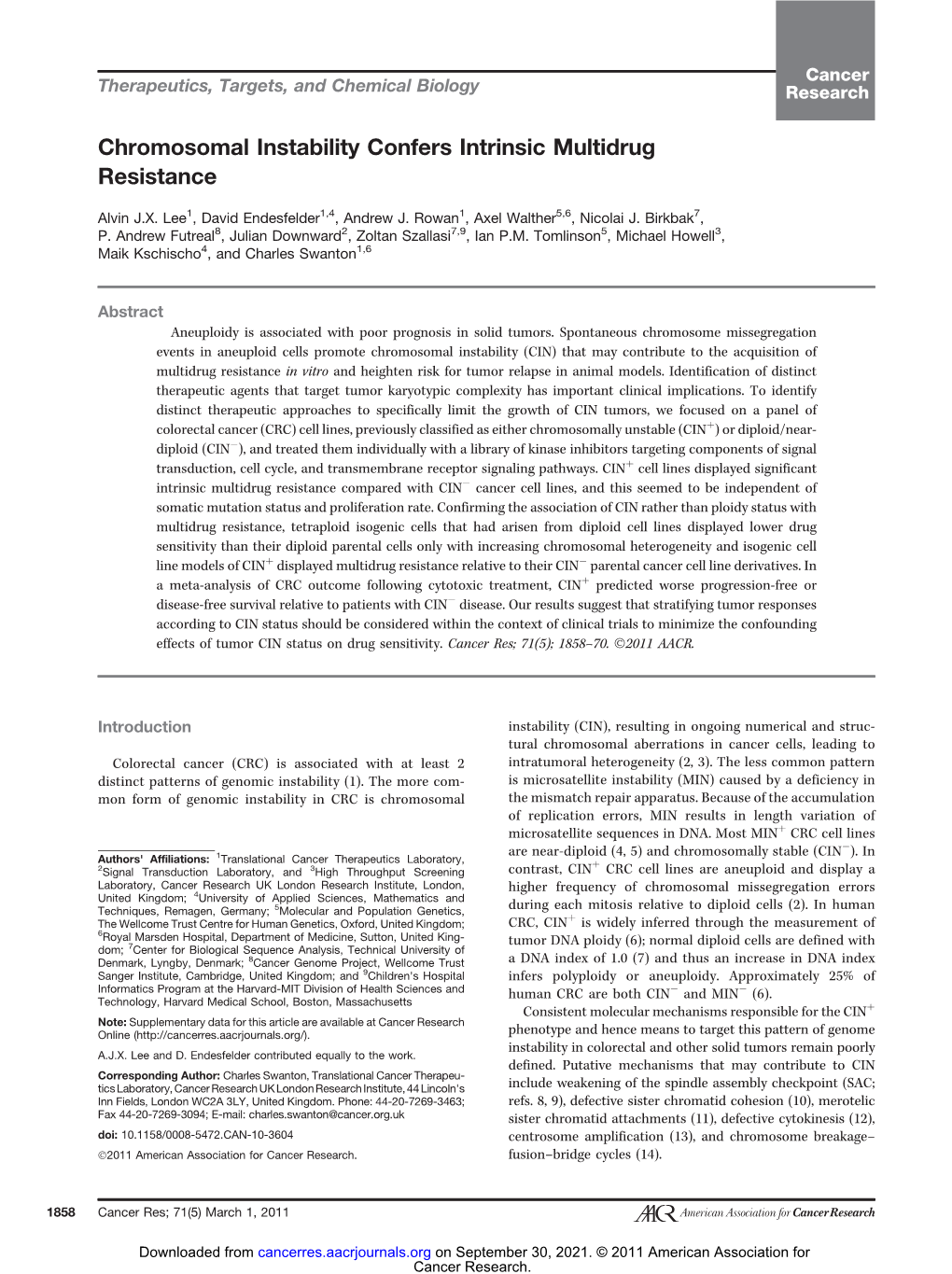 Chromosomal Instability Confers Intrinsic Multidrug Resistance