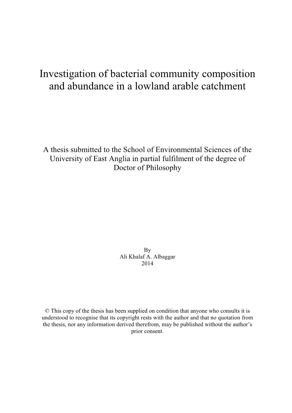 Investigation of Bacterial Community Composition and Abundance in a Lowland Arable Catchment