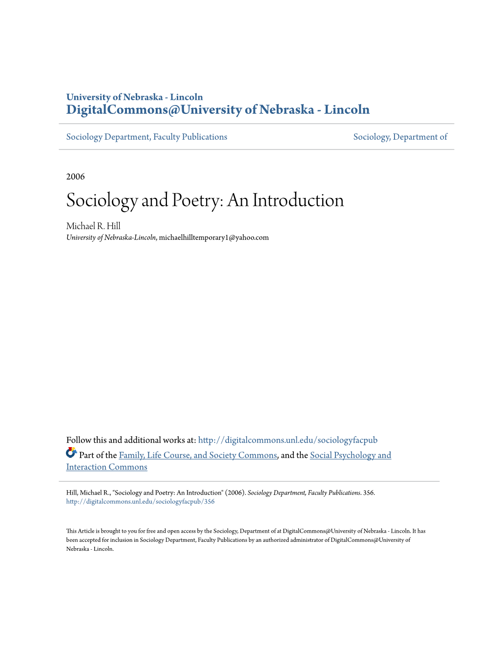 Sociology and Poetry: an Introduction Michael R