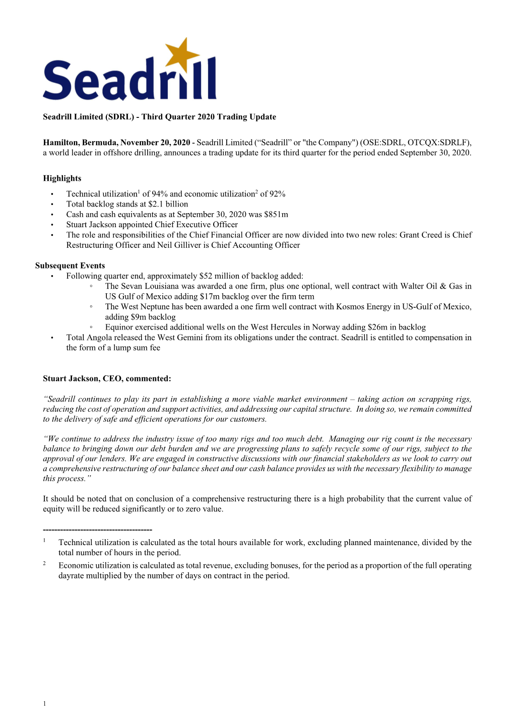 20 Nov, 2020 Seadrill Limited Third Quarter 2020 Trading Update