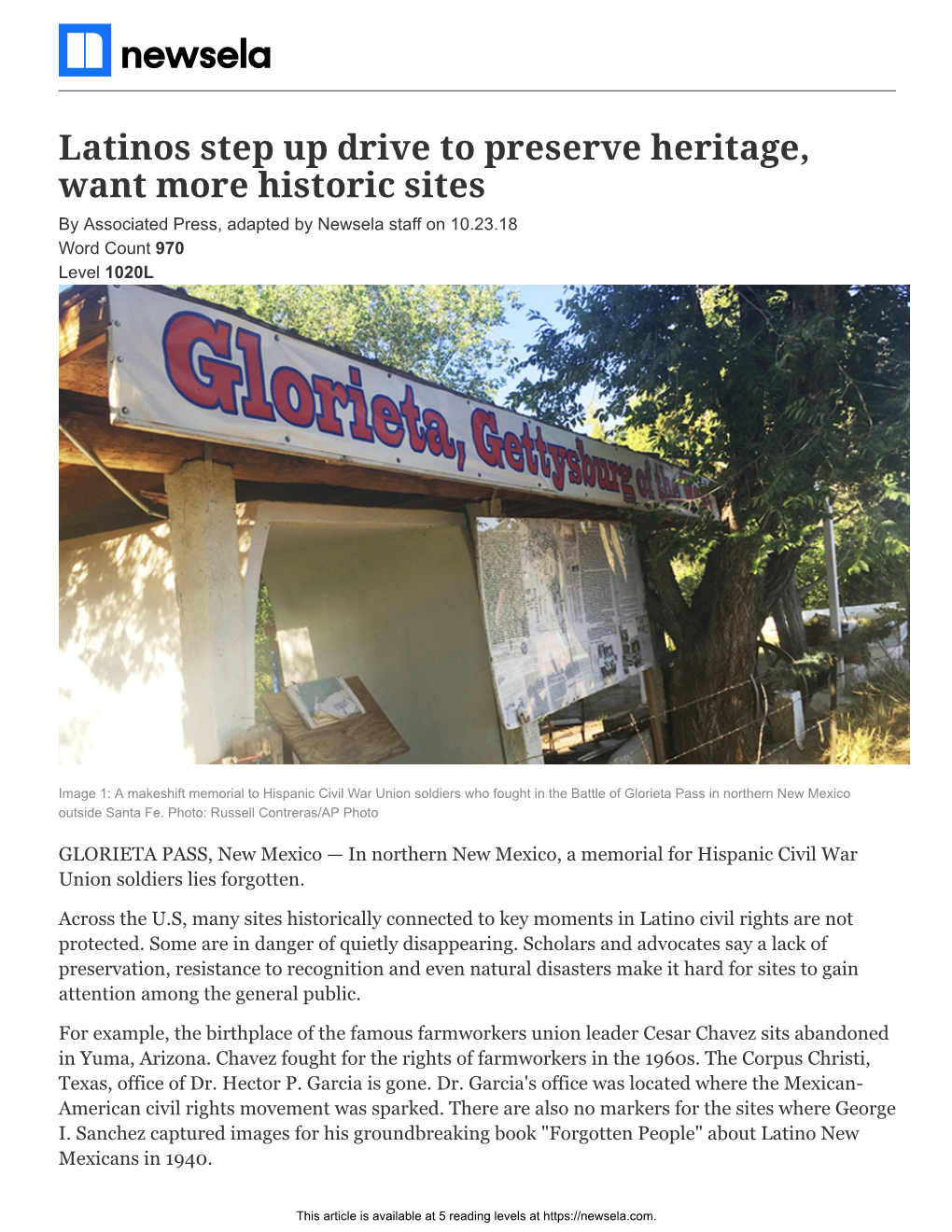 Latinos Step up Drive to Preserve Heritage, Want More Historic Sites by Associated Press, Adapted by Newsela Staff on 10.23.18 Word Count 970 Level 1020L