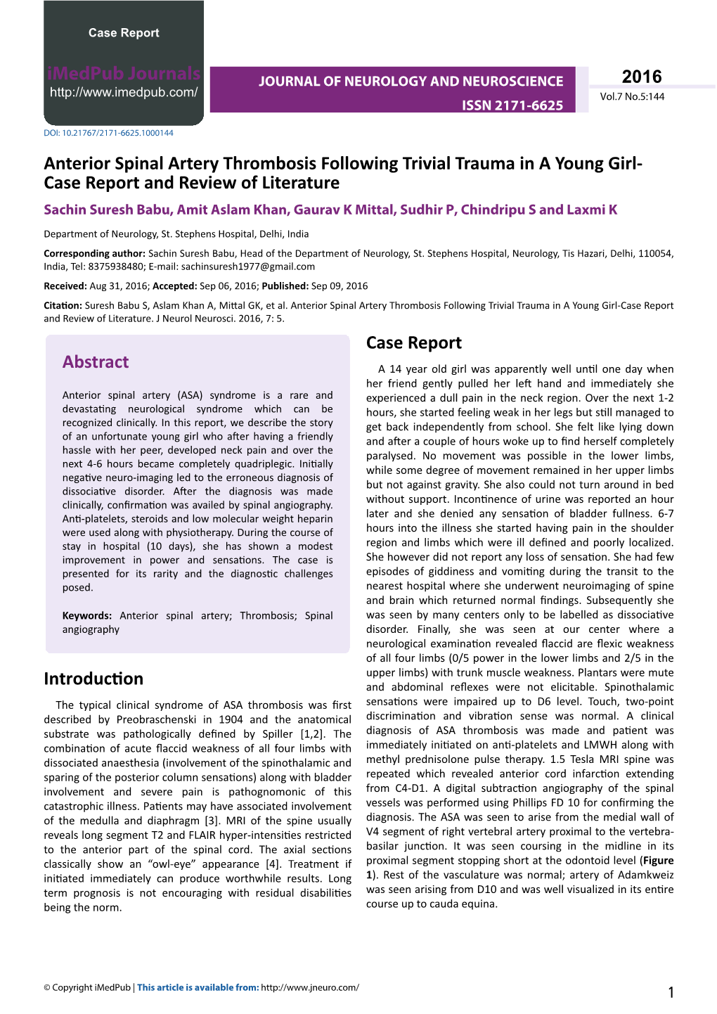 Anterior Spinal Artery Thrombosis Following Trivial Trauma in a Young Girl