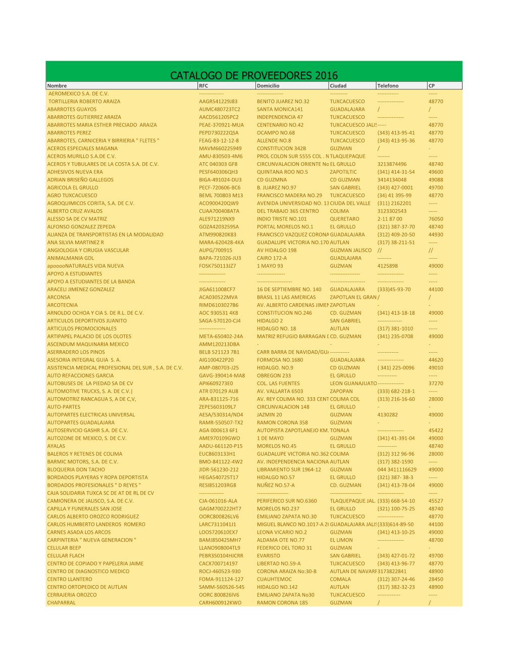 CATALOGO DE PROVEEDORES 2016 Nombre RFC Domicilio Ciudad Telefono CP AEROMEXICO S.A