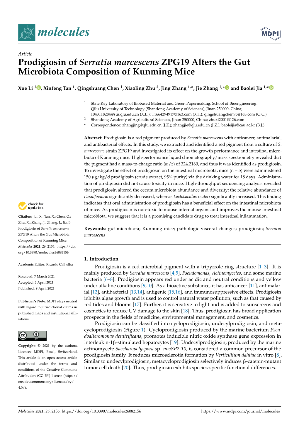 Prodigiosin of Serratia Marcescens ZPG19 Alters the Gut Microbiota Composition of Kunming Mice