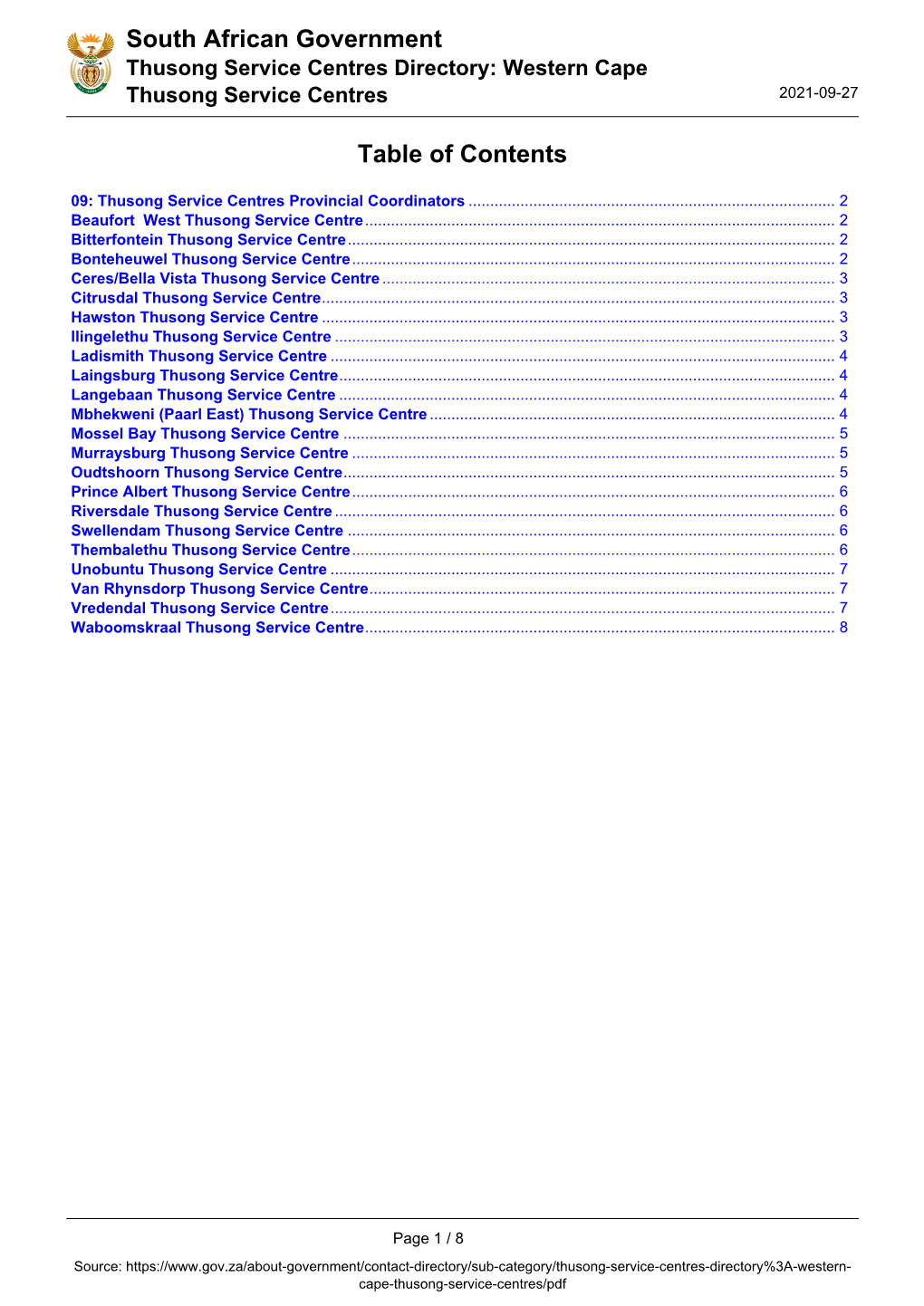 Western Cape Thusong Service Centres 2021-09-27