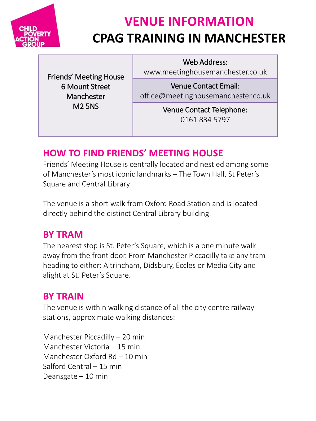 Venue Information Cpag Training in Manchester
