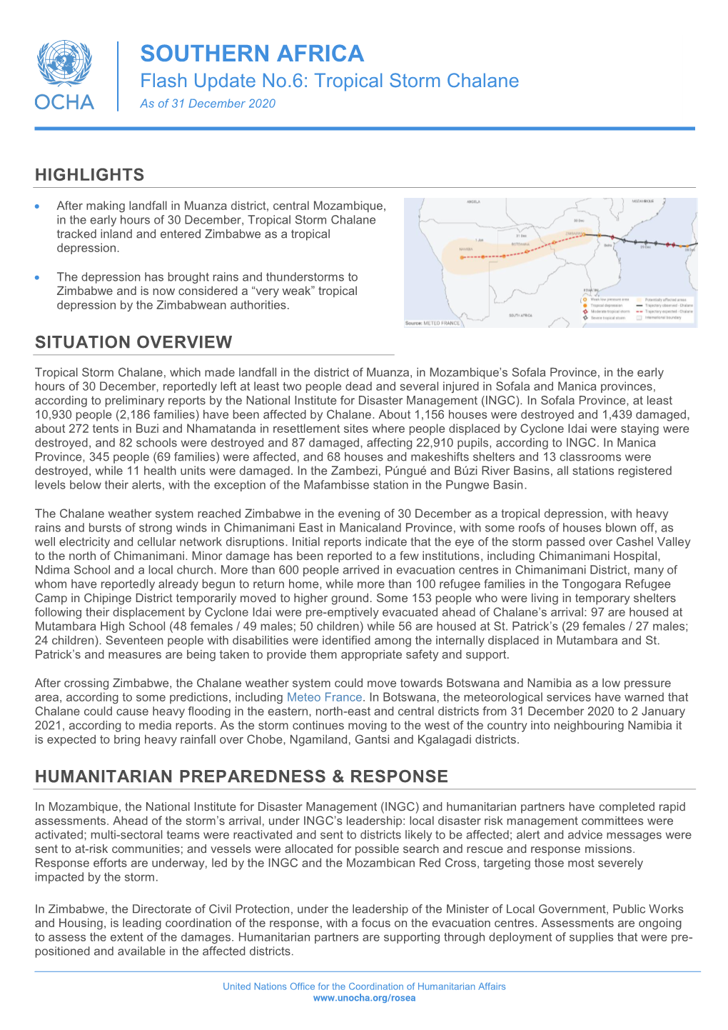 Southern Africa, Flash Update No.6: Tropical Storm Chalane (As of 31