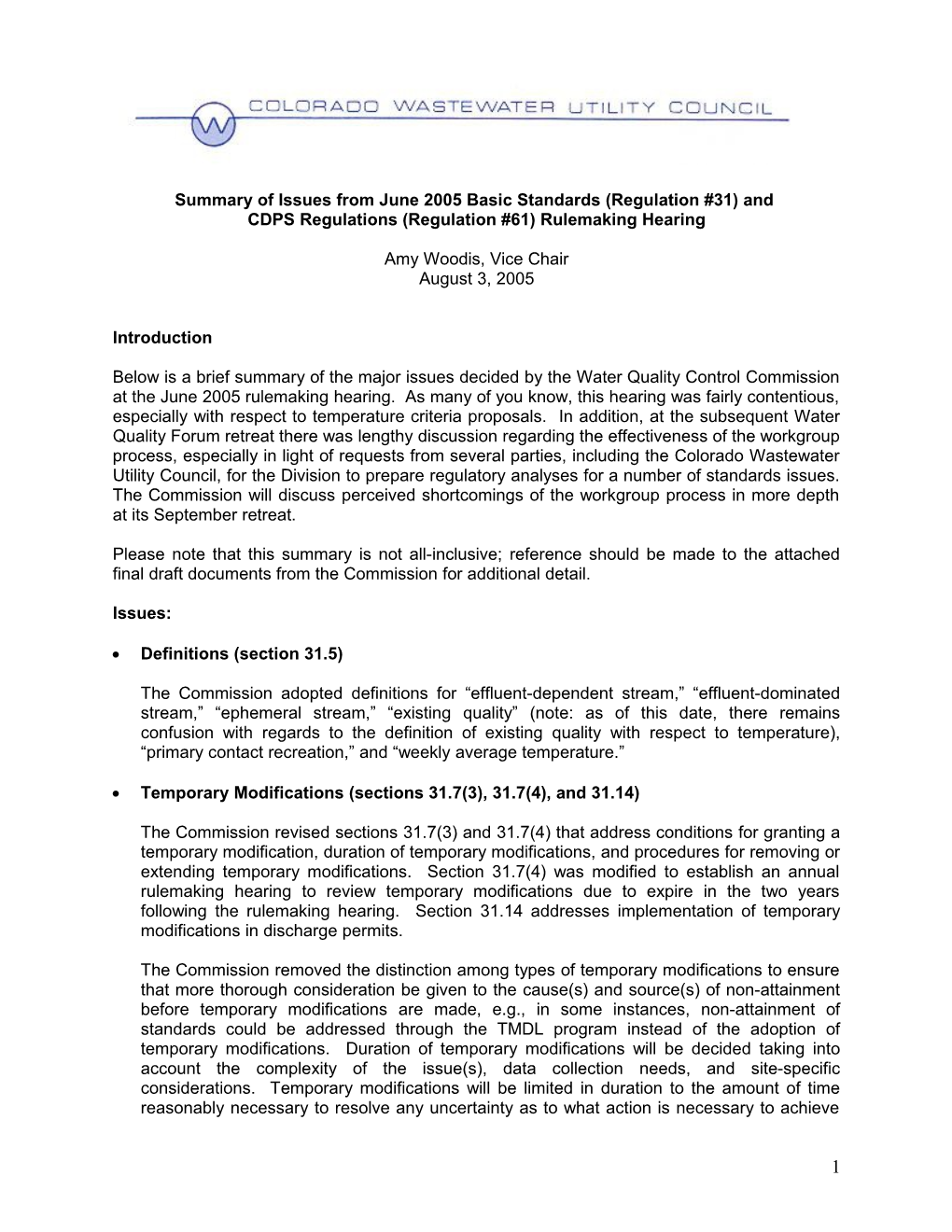 Summary of Issues from June 2005 Basic Standards (Regulation #31) and CDPS Regulations