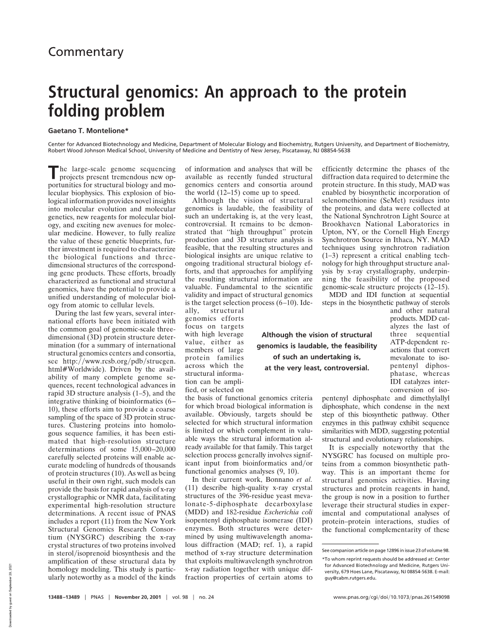 Structural Genomics: an Approach to the Protein Folding Problem