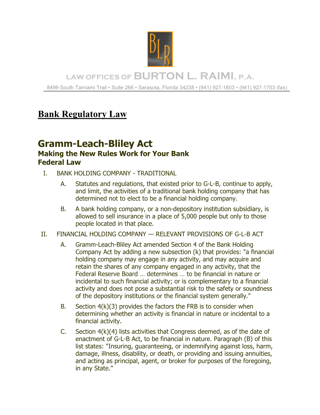 Bank Regulatory Law Gramm-Leach-Bliley