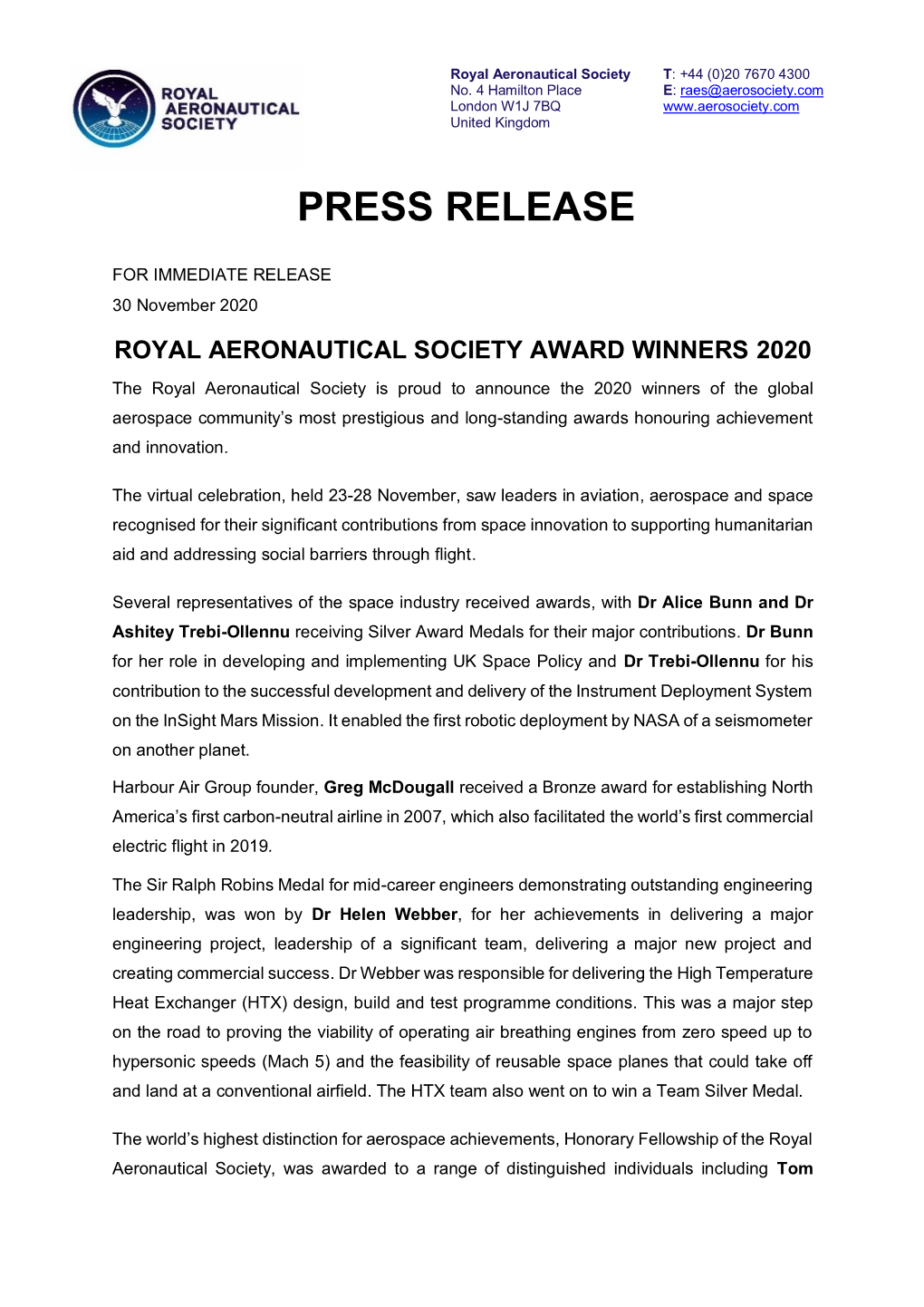 Royal Aeronautical Society Award Winners 2020