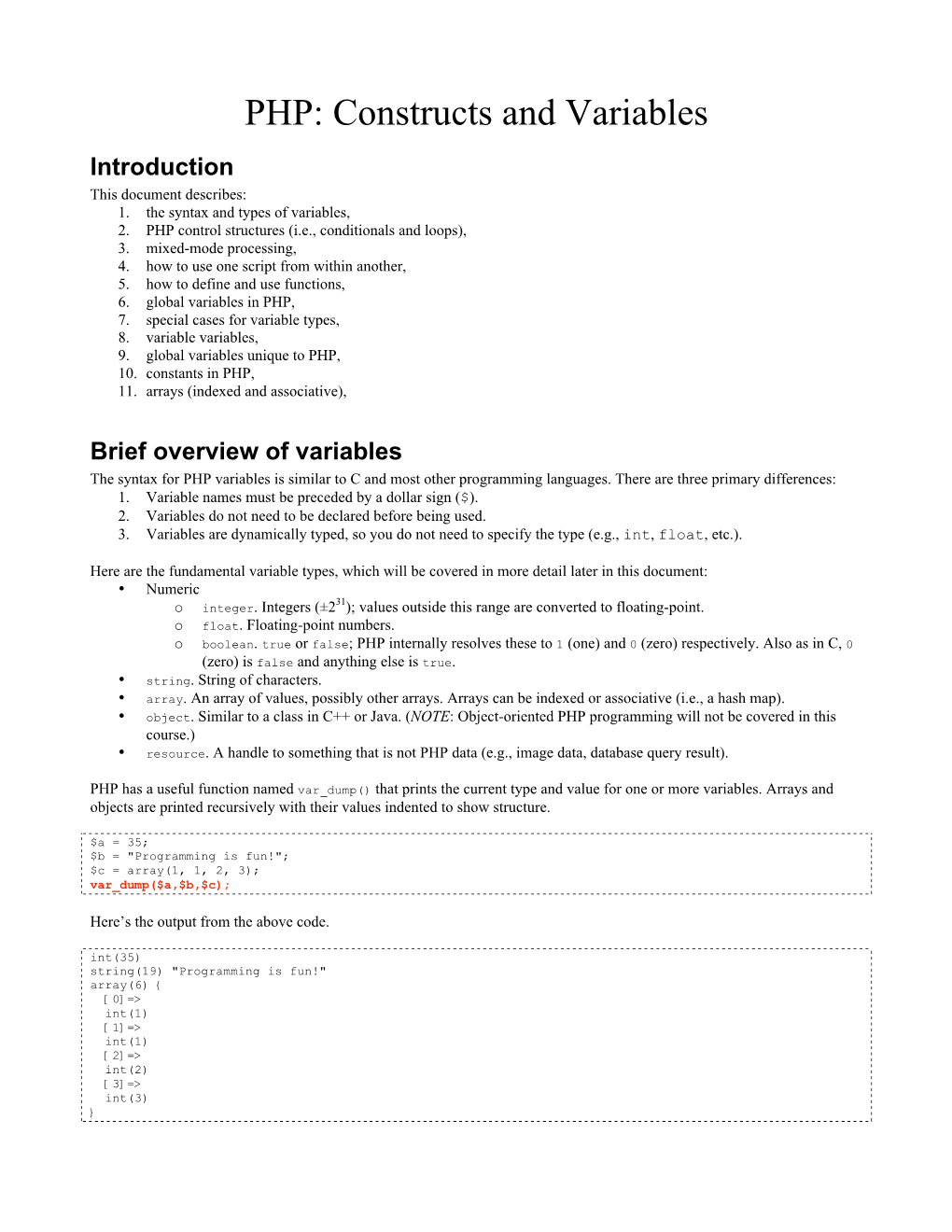 PHP: Constructs and Variables Introduction This Document Describes: 1