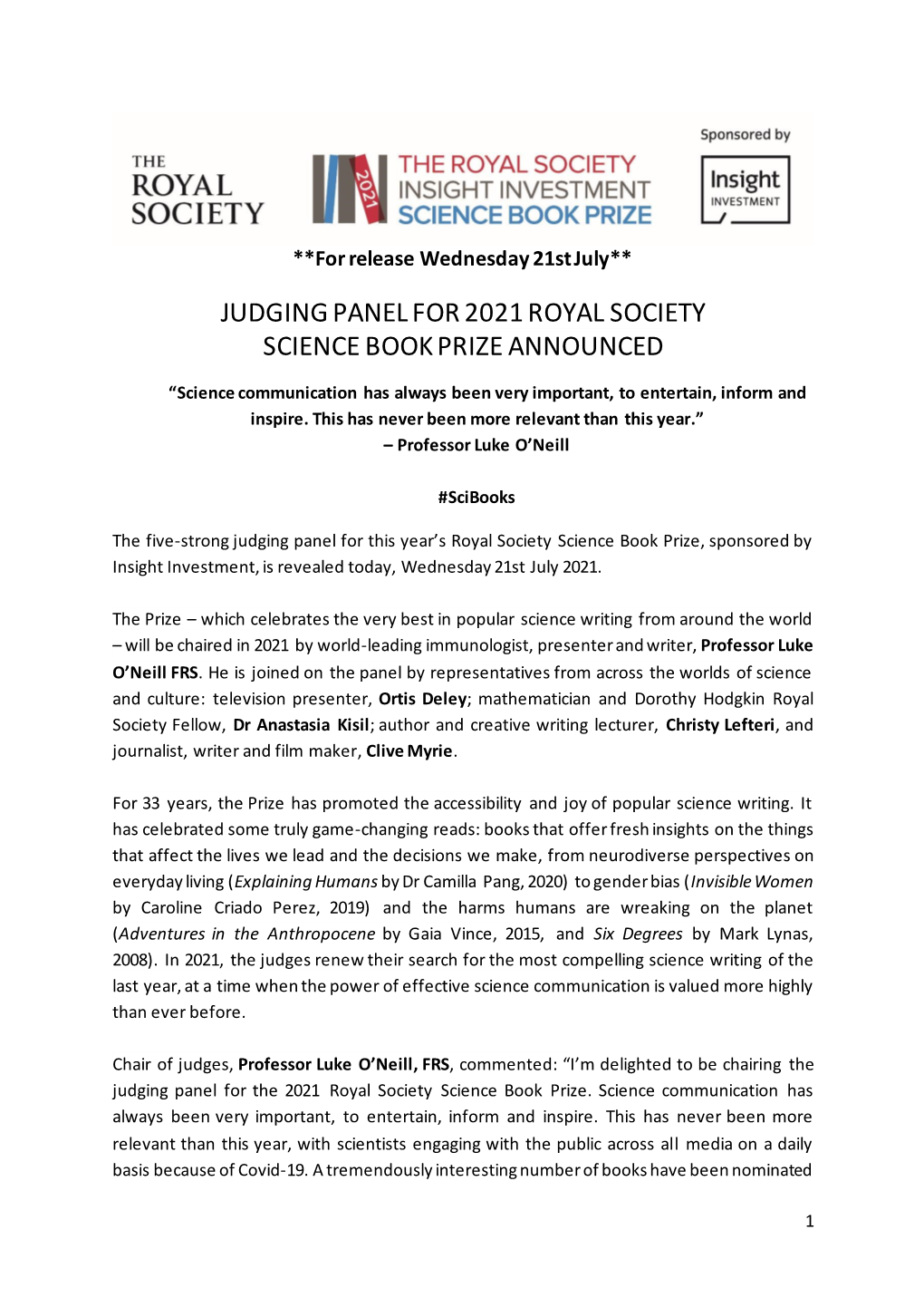 Judging Panel for 2021 Royal Society Science Book Prize Announced