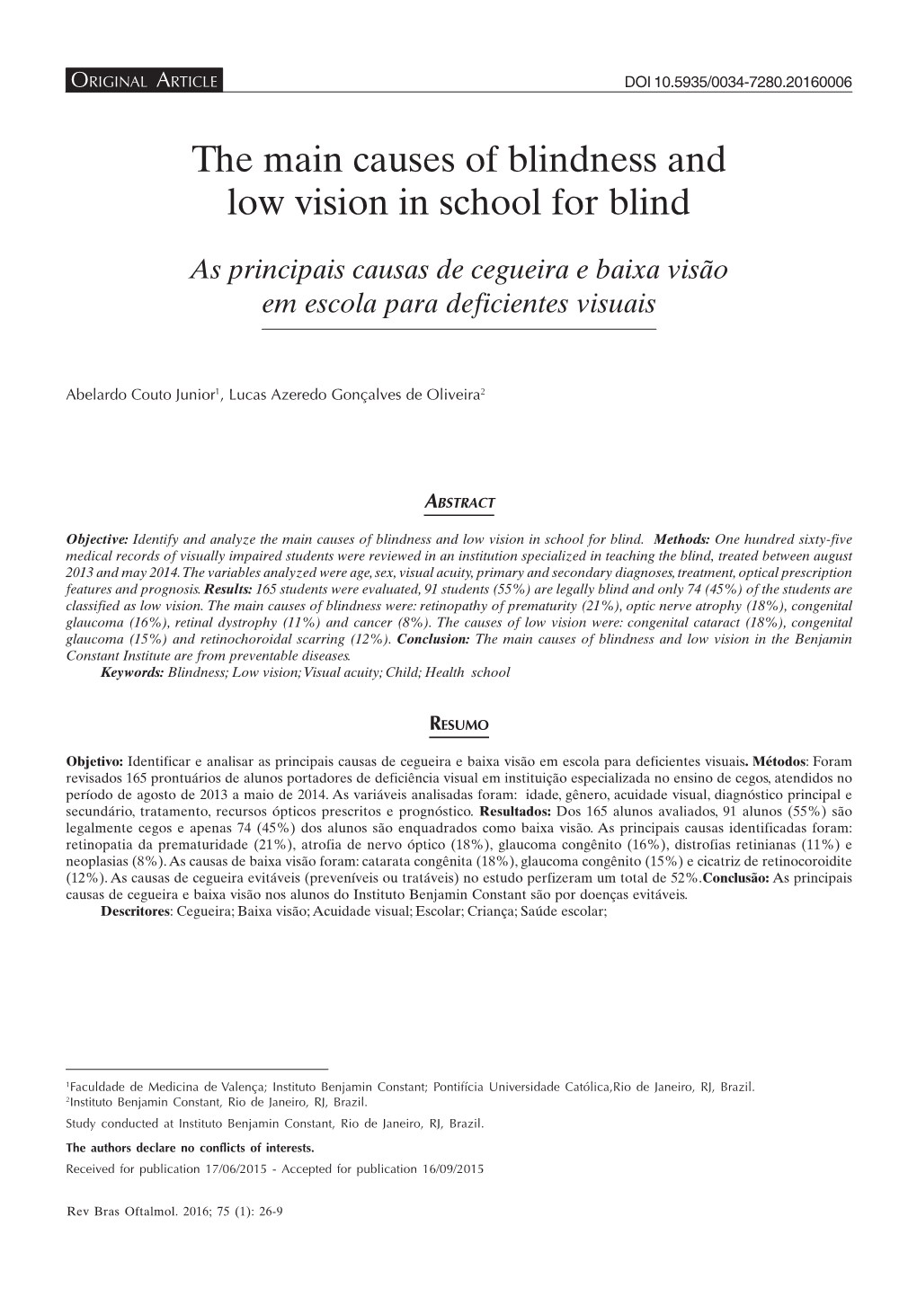 The Main Causes of Blindness and Low Vision in School for Blind