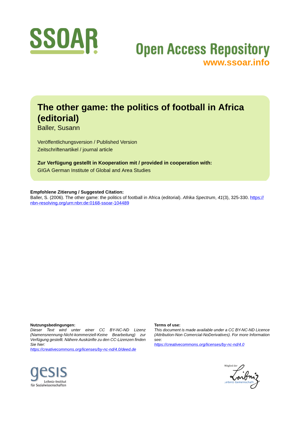 The Politics of Football in Africa (Editorial) Baller, Susann