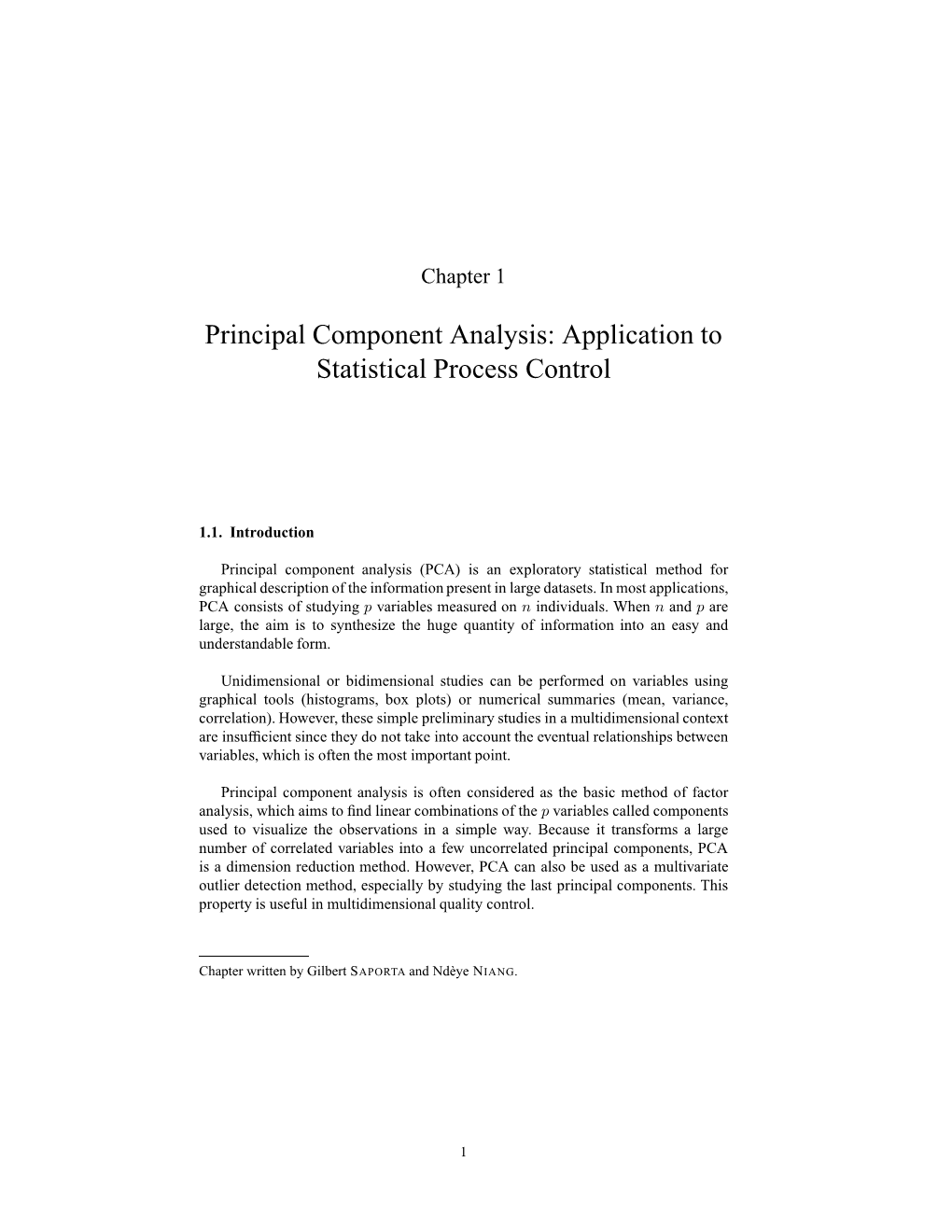 Principal Component Analysis: Application to Statistical Process Control