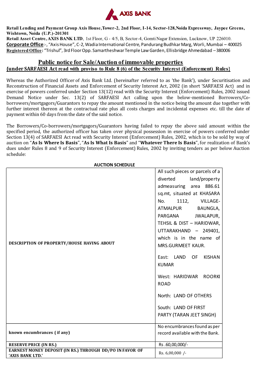 Public Notice for Sale/Auction of Immovable Properties {Under SARFAESI Act Read with Proviso to Rule 8 (6) of the Security Interest (Enforcement) Rules}