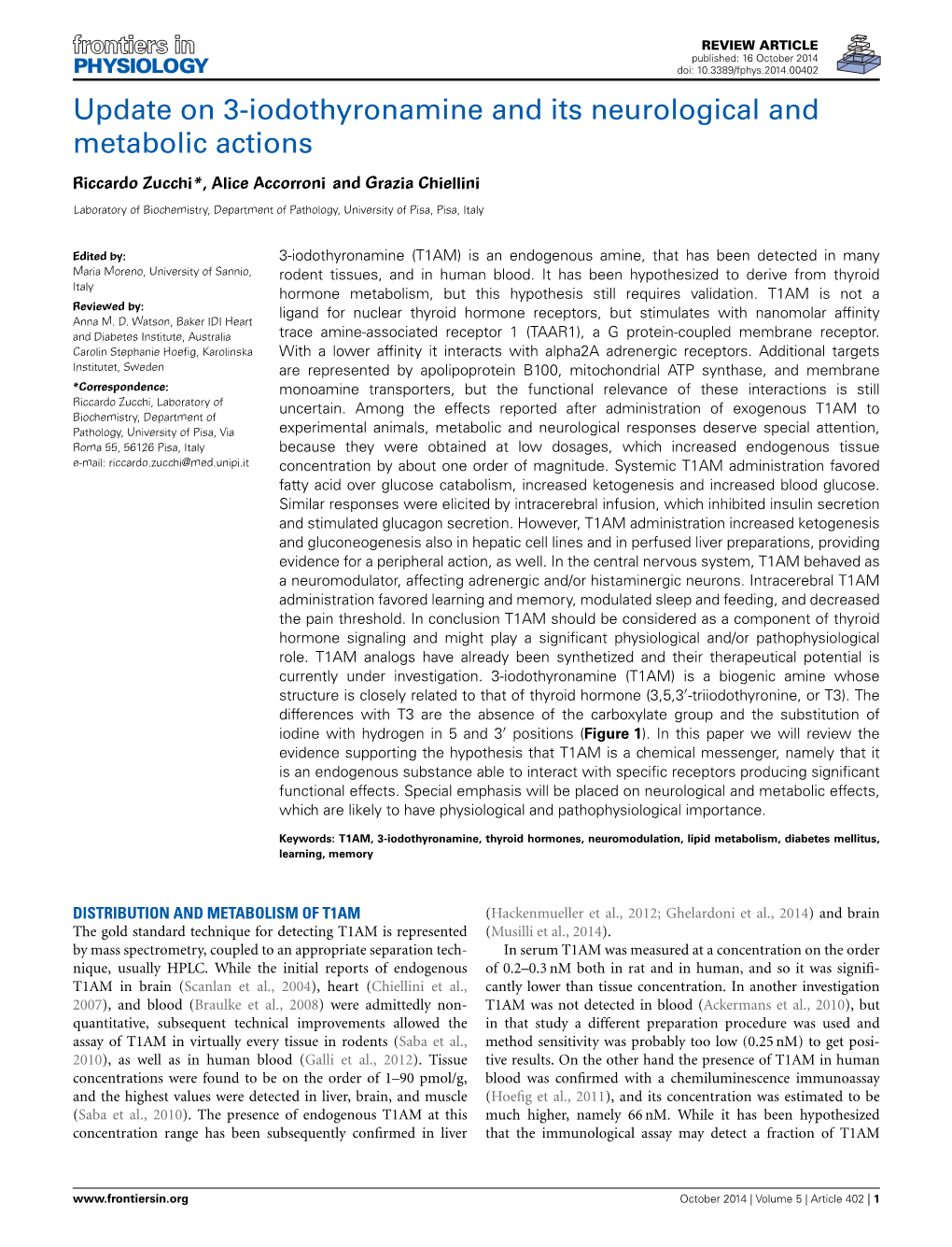 Update on 3-Iodothyronamine and Its Neurological and Metabolic Actions