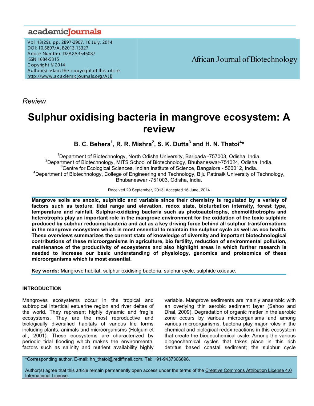 Sulphur Oxidising Bacteria in Mangrove Ecosystem: a Review