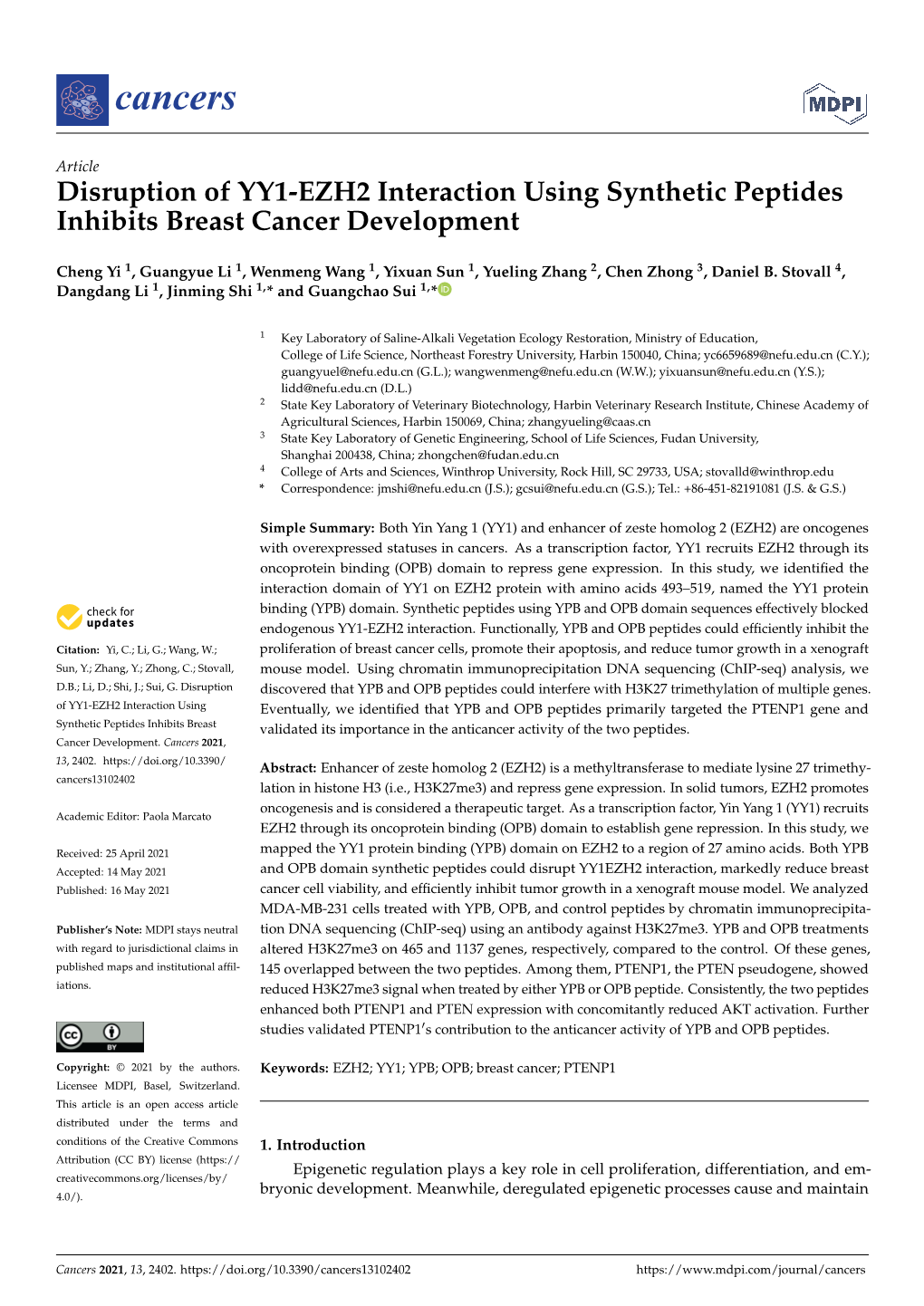 Disruption of YY1-EZH2 Interaction Using Synthetic Peptides Inhibits Breast Cancer Development