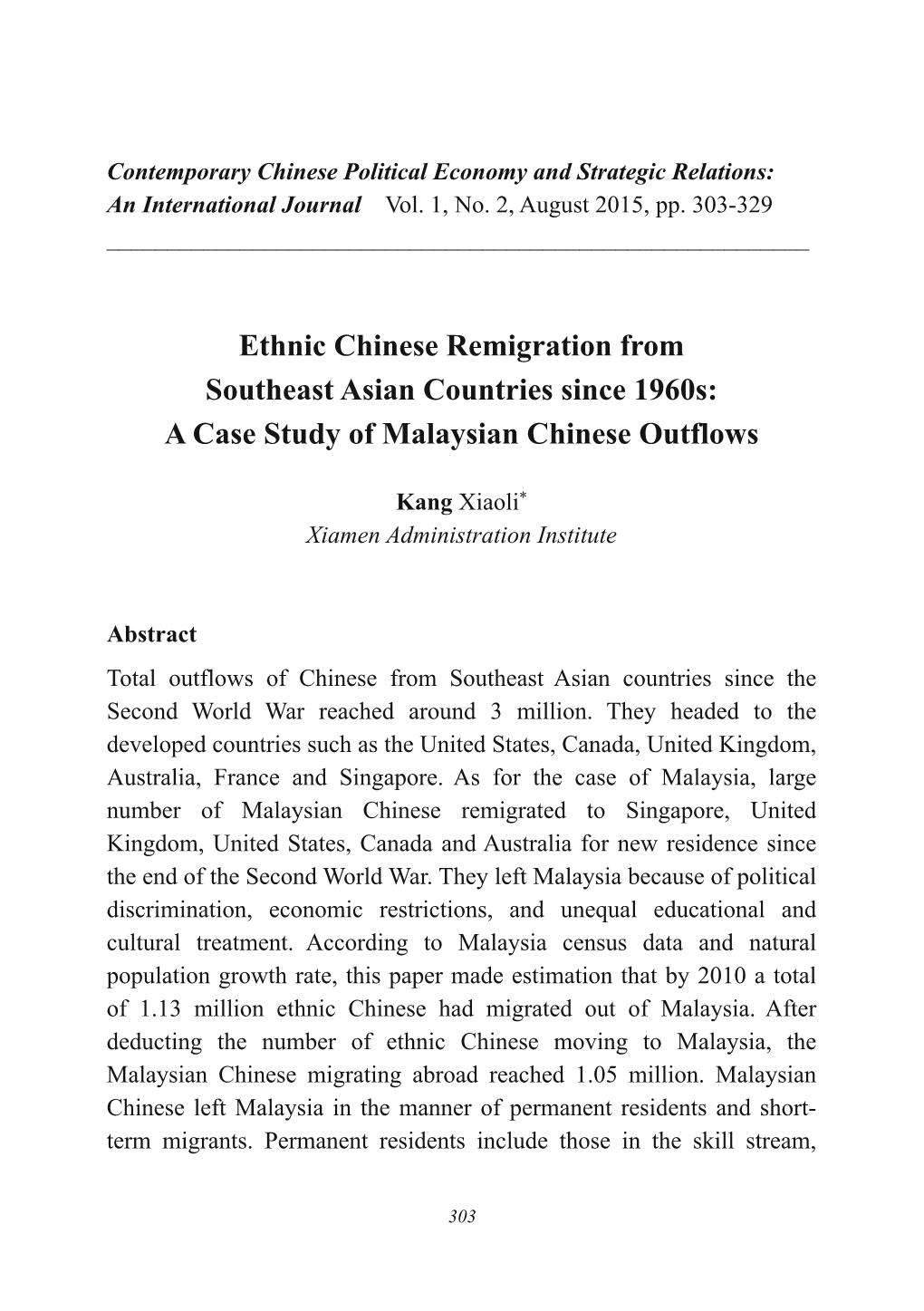 Ethnic Chinese Remigration from Southeast Asian Countries Since 1960S: a Case Study of Malaysian Chinese Outflows