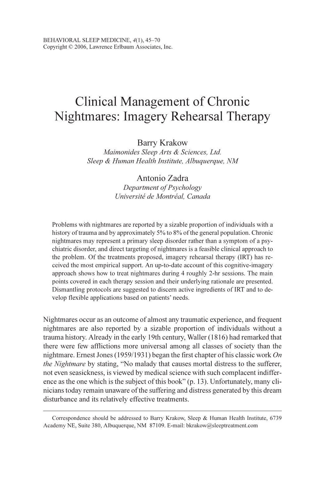 Clinical Management of Chronic Nightmares: Imagery Rehearsal Therapy