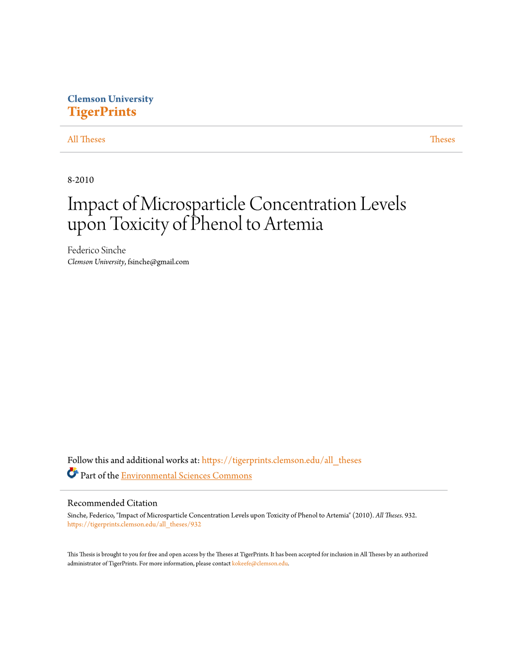 Impact of Microsparticle Concentration Levels Upon Toxicity of Phenol to Artemia Federico Sinche Clemson University, Fsinche@Gmail.Com