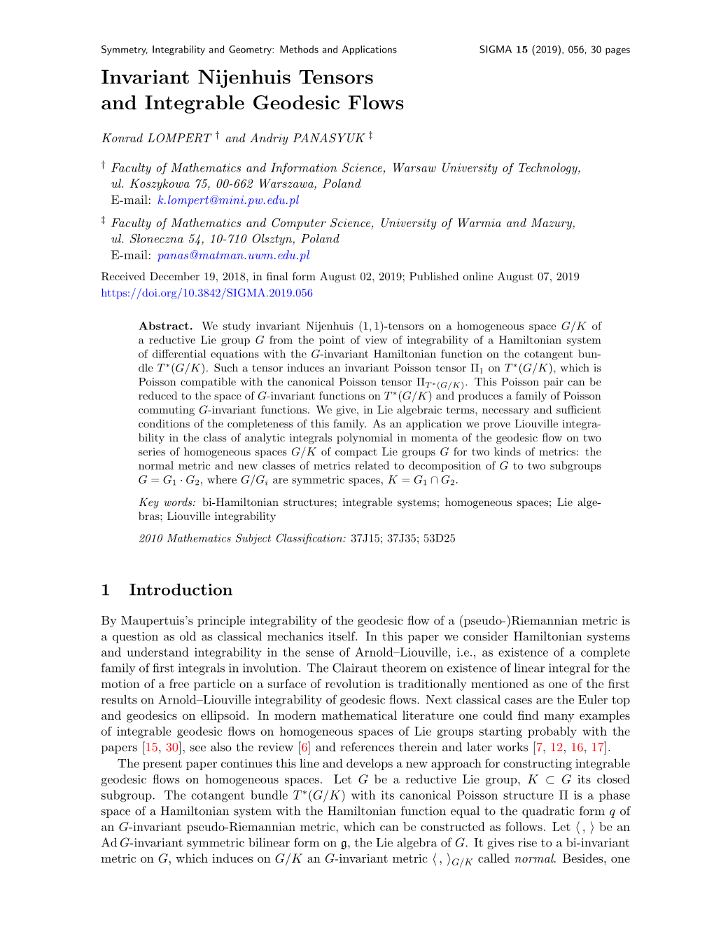 Invariant Nijenhuis Tensors and Integrable Geodesic Flows