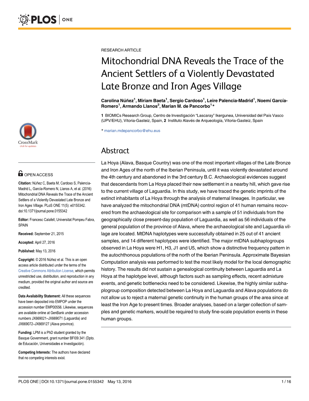 Mitochondrial DNA Reveals the Trace of the Ancient Settlers of a Violently Devastated Late Bronze and Iron Ages Village