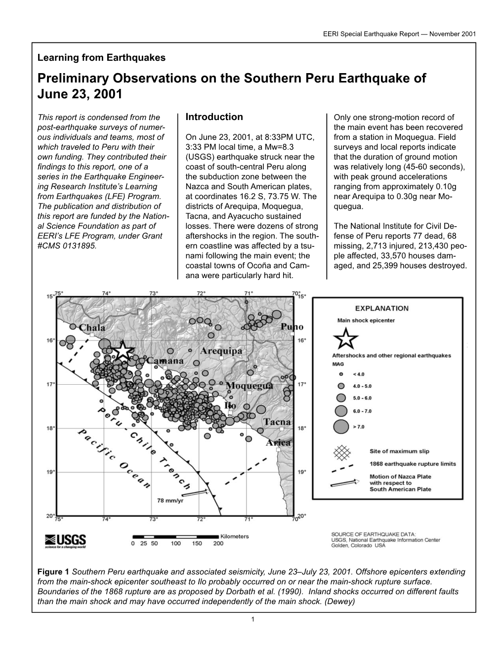 Preliminary Observations on the Southern Peru Earthquake of June 23, 2001