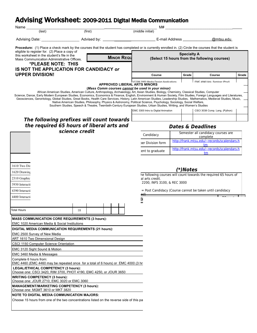 Advising Worksheet: 2009-2011 Digital Media Communication