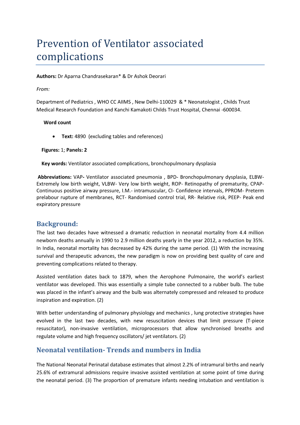 Prevention of Ventilator Associated Complications