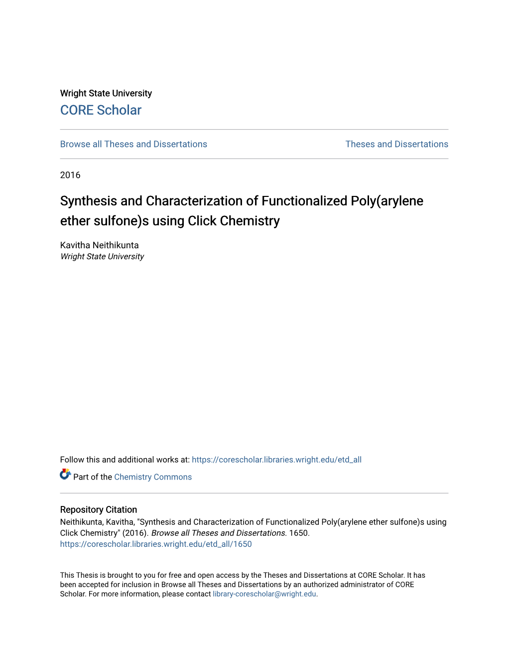 Synthesis and Characterization of Functionalized Poly(Arylene Ether Sulfone)S Using Click Chemistry