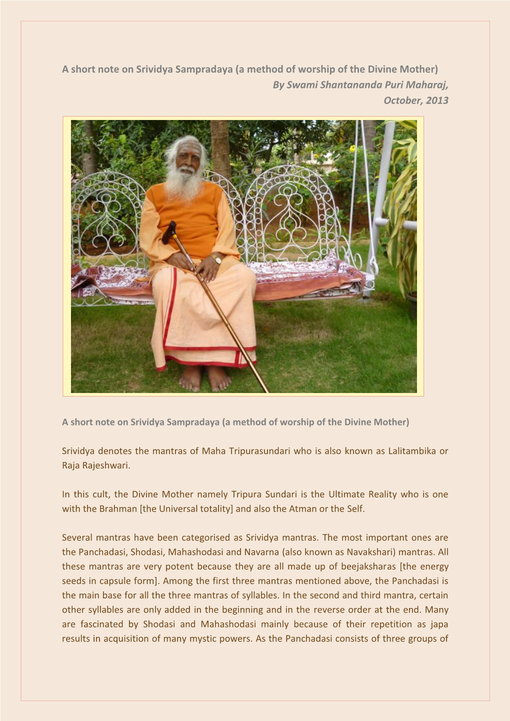 A Short Note on Srividya Sampradaya (A Method of Worship of the Divine Mother) by Swami Shantananda Puri Maharaj, October, 2013