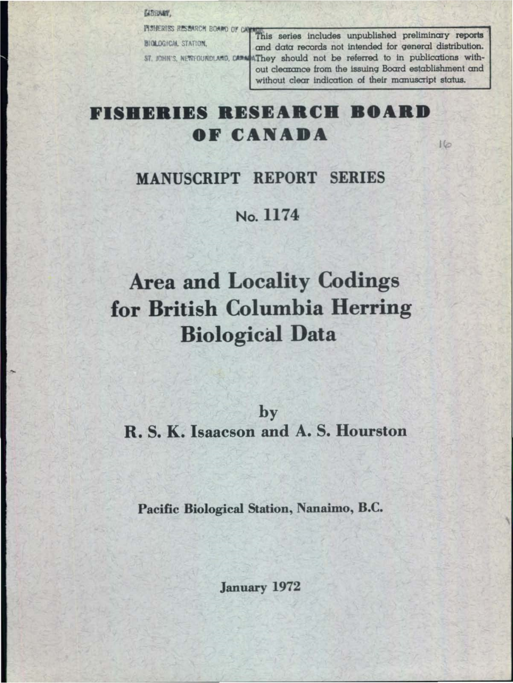 Area and Locality Codings for British Columbia Herring Biological Data