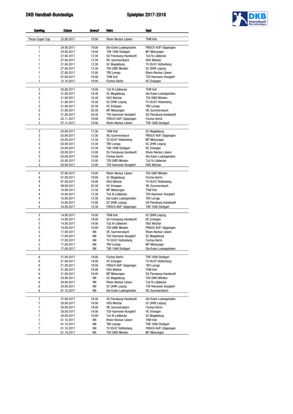 DKB Handball-Bundesliga Spielplan 2017-2018