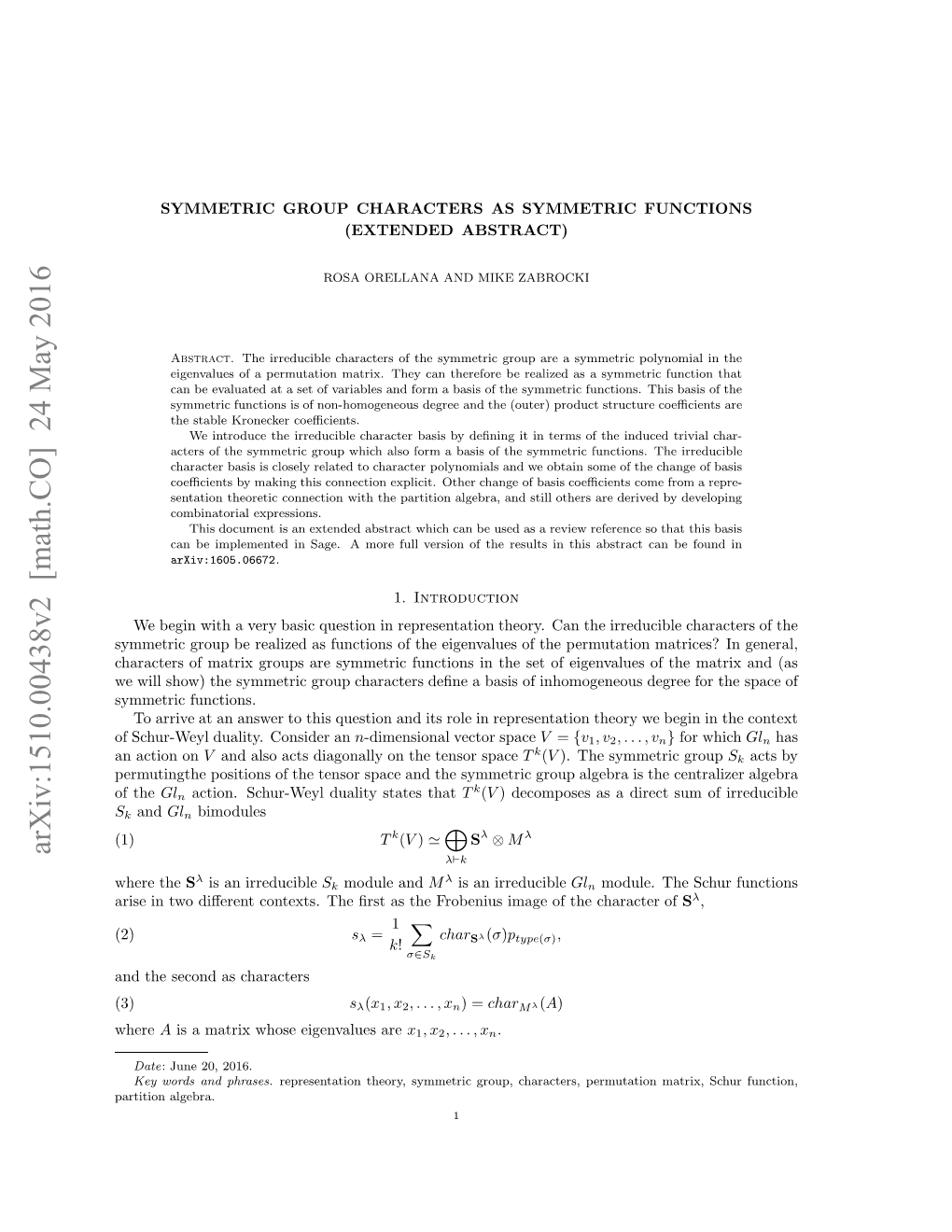 Symmetric Group Characters As Symmetric Functions, Arxiv:1605.06672