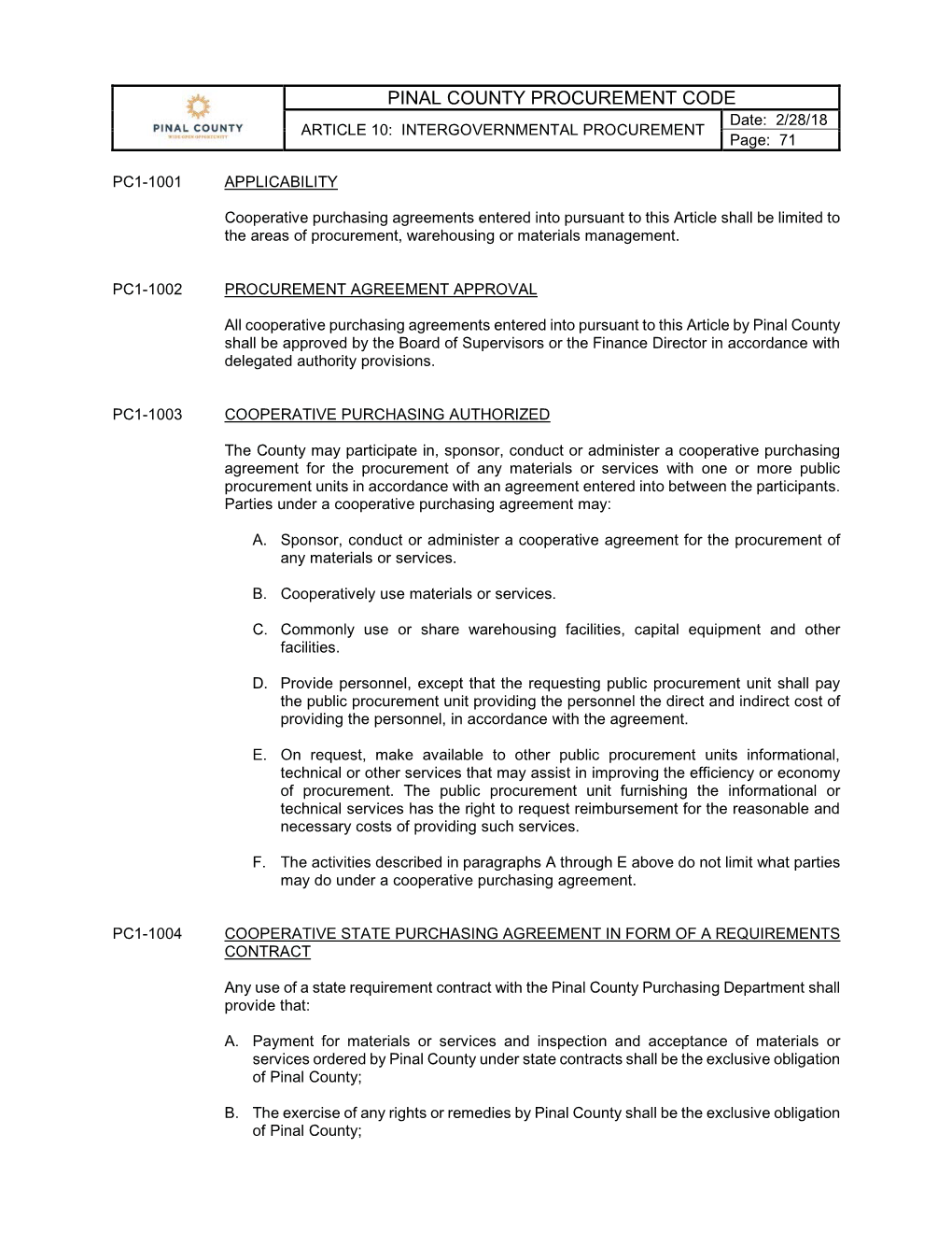 PINAL COUNTY PROCUREMENT CODE Date: 2/28/18 ARTICLE 10: INTERGOVERNMENTAL PROCUREMENT Page: 71