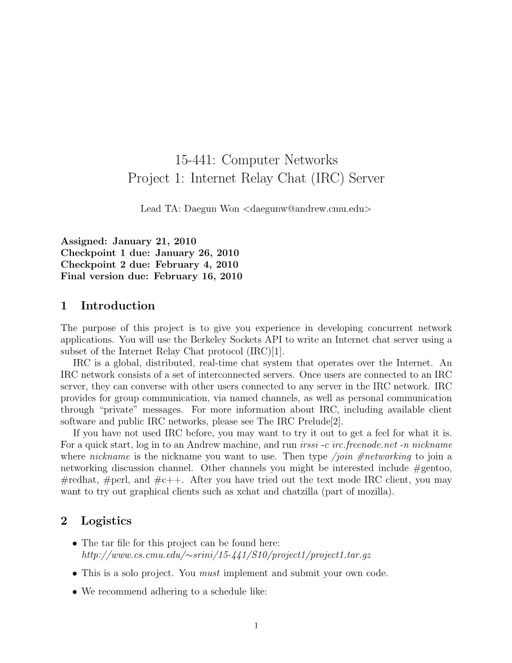 15-441: Computer Networks Project 1: Internet Relay Chat (IRC) Server