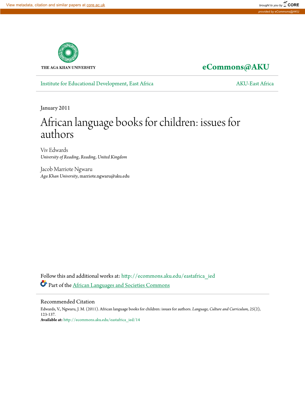 African Language Books for Children: Issues for Authors Viv Edwards University of Reading, Reading, United Kingdom