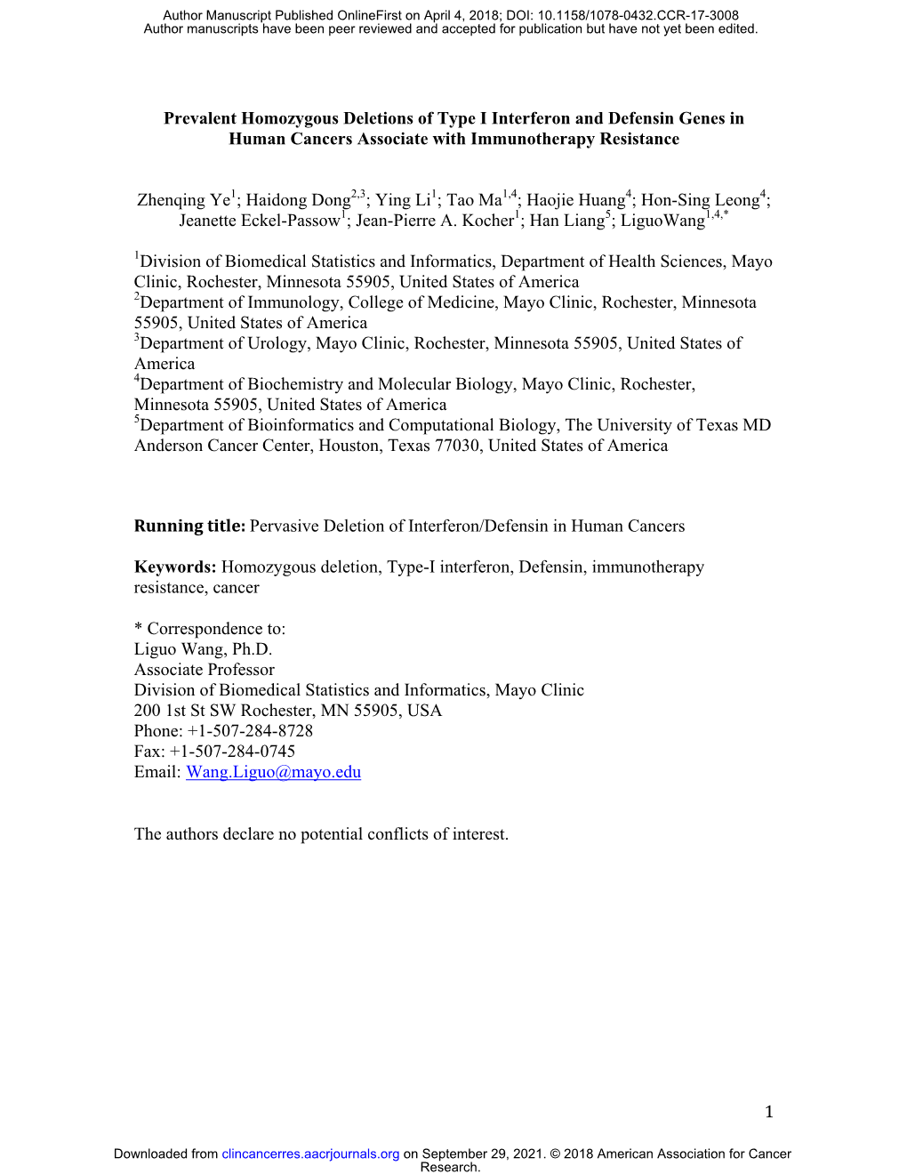 Prevalent Homozygous Deletions of Type I Interferon and Defensin Genes in Human Cancers Associate with Immunotherapy Resistance